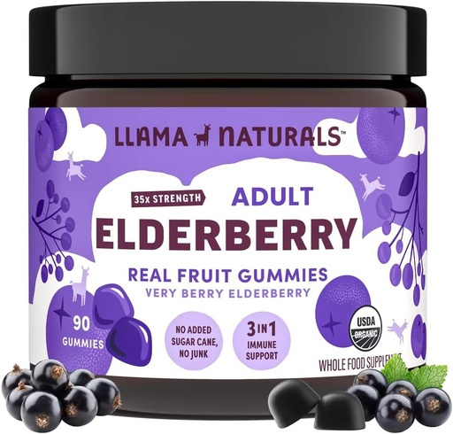 [BRSWYED2BUGRSYLH] Llama Naturals Elderberry Gummies pro dospělé, Vegan, Organic Imunitate Supplement with Vitamin C and Zinek, Real Fruit Gummy Vitamíny pro imunitu, Žvýkací, No Add Sugar Cane, 90 Ct