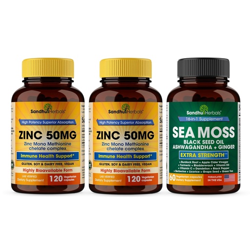 [BRSRAZIDOV4GM3LP] Sandhu Herbals Zinc 50mg & Sea Moss Black Seed Oil Ashwagandha Ginger Burdock Root Supplement for Men & Women| Made in USA