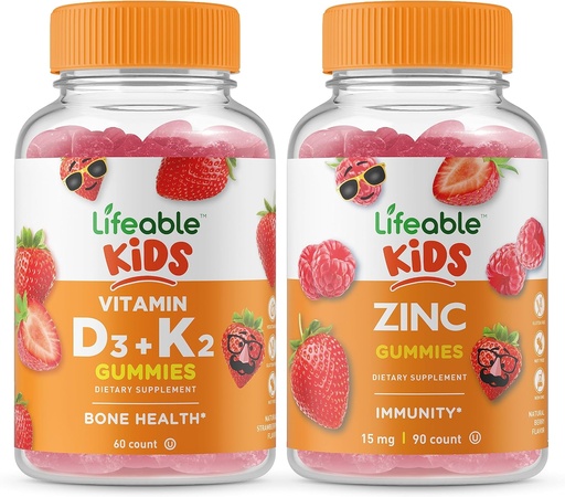 [BRSROZI2AAAWMC3J] Lifeable Vitamin D3 + Vitamin K2 Kids + Zinc Kids, Gummies Bundle - Great Tasting, Vitamin Supplement, Gluten Free, GMO Free, Chewable Gummy
