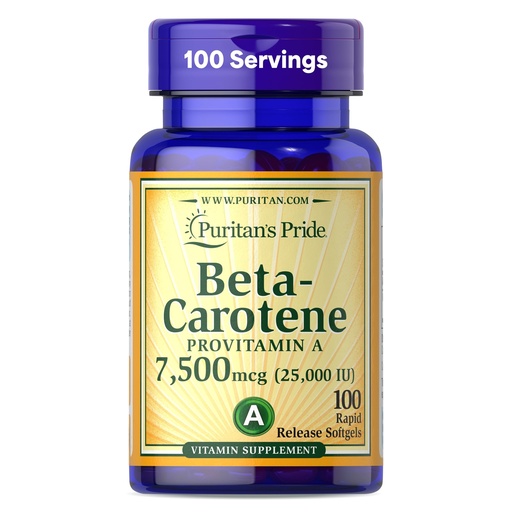 [BRSWIZQ3OV5B2GD2] Puritan's Pride Beta Carotene Provitamin A 7,500mcg (25,000 IU), Vitamin Supplement for Immune System, Antioxidant and Eye Health Support, 100 Day Supply, 100 Rapid Release Softgels