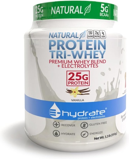 [BRSWKFYOCMAAEYD4] E-hydrate Tri-Whey Protein Powder Gluten Free BCAA + Electrolytes Hydrate Recover, Vanilla, 1.3lb Tub