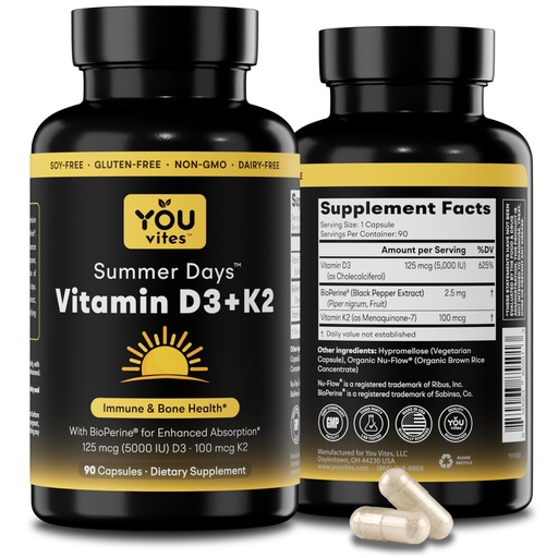 [BRSRAEIFPIIRMADZ] Vitamin D3 + K2 - Max Absorption, 5000 IU D3 & 100 mcg K2 MK-7 (Menaquinone-7) with BioPerine - Bone, Heart & Immune Support - Non-GMO, Gluten Free, Soy Free - 90 Capsules - Daily Supplement