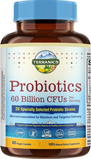 [BRSWGGIFCUBAKFLB] Terranics Probiotics 60 Billion CFU, 20 Strains, 60 Veg Capsules, Prebiotics & Probiotics, Shelf Stable Probiotic Supplement for Men & Women, Digestive & Immune Health, Non-GMO, NO Soy, Dairy & Gluten