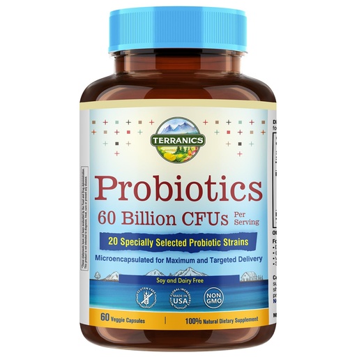 [BRSWGGIFCUBAKFLB] Terranics Probiotics 60 Billion CFU, 20 Strains, 60 Veg Capsules, Prebiotics & Probiotics, Shelf Stable Probiotic Supplement for Men & Women, Non-GMO, NO Soy, Dairy & Gluten