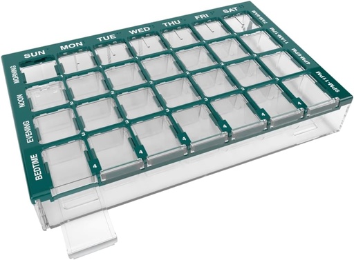 [BRSRAAQOCUNQGFDB] EZY DOSE Pill Organizer Weekly (7-Day), Medicine Planner, Vitamin Case/Box, Medium Compartments with Easy Fill Tray, 4 Times a Day, Easy to Use Containers, Clear Lids, Green, BPA Free