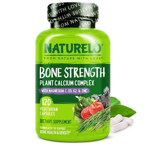 [BRSWGY37CEPBYAIZ] NATURELO Calcium Supplement - with Vitamin C, Vitamin D3, K2, and Calcium Magnesium Zinc for Bone Strength with Calcium 600mg - Plant-Based, 120 Vegetarian Capsules, Non-GMO, Soy & Gluten-Free