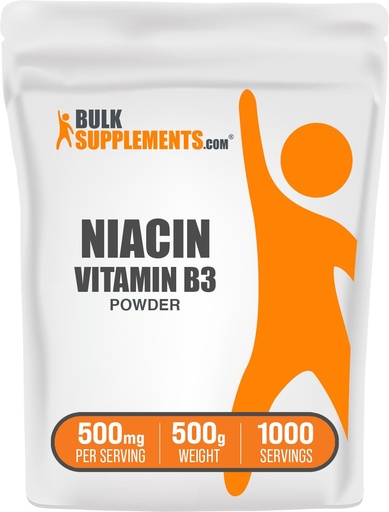 [BRSWIFYHCEHGOCY5] BulkSupplements.com Niacin Powder - Vitamin B3 Supplement, Niacin 500mg - Niacin Flush, Niacin with Flushing - Gluten Free, 500mg of Niacin per Serving, 500g (1.1 lbs) (Pack of 1)