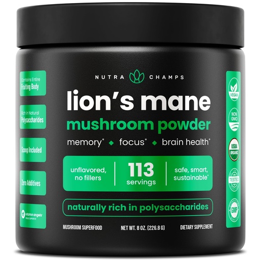 [BRSROBAHA4OWCA37] NutraChamps Organic Lions Mane Powder - 2000mg Powerful Nootropic for Memory, Focus, Immune Support - Vegan Lion’s Mane Mushroom Powder Supplement with Naturally Occurring Beta-Glucans - 8oz