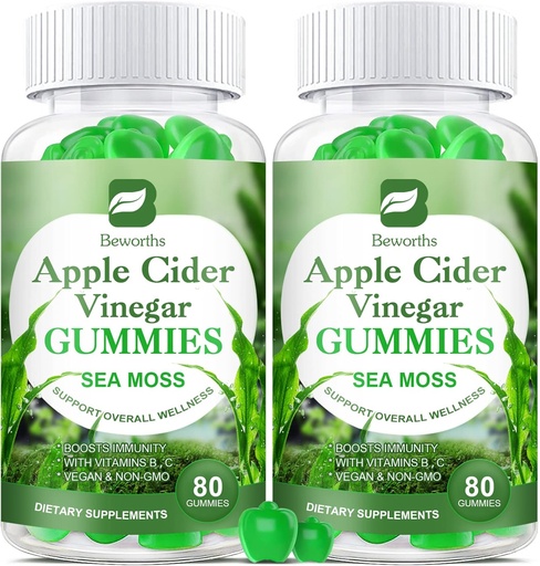 [BRSRMAD7CN4BAFLD] Apple Cider Vinegar & Sea Moss Gummies, Organic ACV Gummies with Mother Supplement Supports Immune, Digestive Health for Adults & Kids, Seamoss Gummy with Vitamin B6 B9, B12