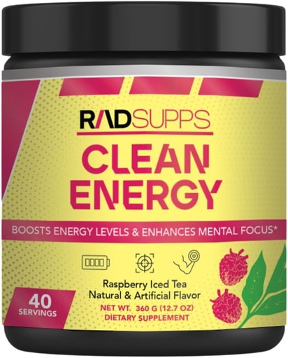 [BRSRA2QBCMIRYCAY] Clean Energy - Pre Workout Powder for Men & Women with BCAAs Amino Acids, Energy Drink Powder, Amino Acid Energy Powder for Energy & Focus - 40 Servings (12.7 oz, Raspberry Iced Tea)