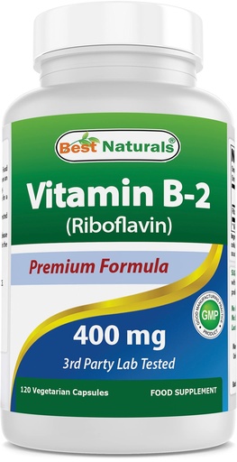 [BRSWGCYKCUCQOAY4] Best Naturals Vitamin B2 (Riboflavin) 400mg - Migraine Relief - Veggie Capsules - Conezyme Precursor - 120 Count