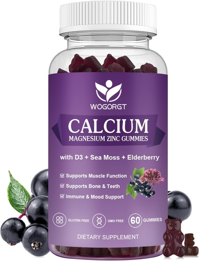 [BRSROHYROEPQMD3U] WOGORGT Calcium Magnesium Zinc Gummies with Vitamin D3 - High Absorption Complex Calcium Supplement with Sea Moss, Elderberry for Bone, Muscles, Immune, Mood & Sleep Support, Vegan - 60 Gummies