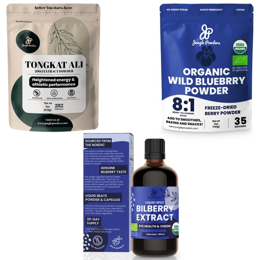 [BRSRAYDYB56QGH3L] Jungle Powders Ultimate Men's Health & Wellness Bundle: 5oz Tongkat Ali Powder, 5oz Wild Blueberry Powder & 3.4oz Organic Bilberry Liquid Extract - Premium Supplements for Drive, Passion, Eyesight