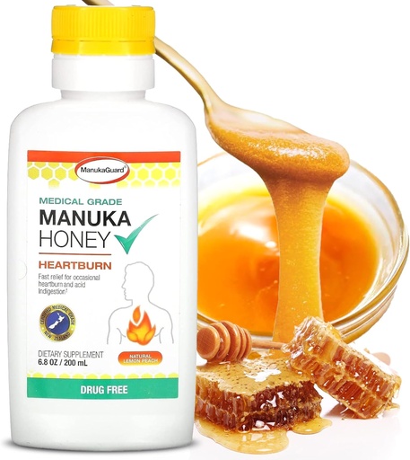 [BRSWIZ36BMEAKHI7] ManukaGuard Heartburn Nutralizer, Medical Grade Manuka Honey 6.8oz - Immediate Heart Burn and Acid Indigestion Relief. Drug-Free Antacid Alternative