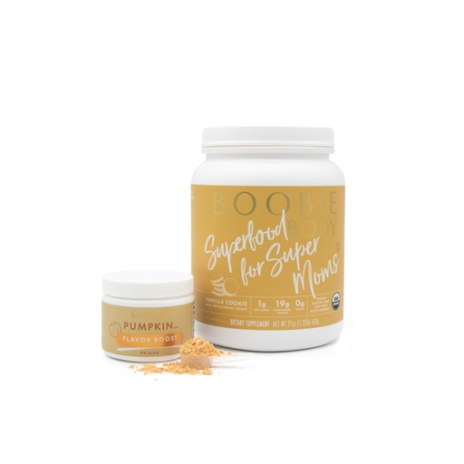 [BRSROBT6CABR6GTO] Boobie Body Superfood Protein Shake with Flavor Boost Bundle - Pregnancy Protein Powder for Lactation Support, Metabolism, and Energy (21oz Vanilla Cookie Protein Tub, 1.32oz Pumpkin Flavor Boost)