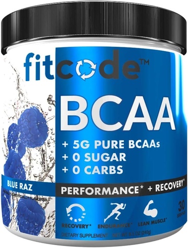 [BRSWGHAZCAGRODTK] Fitcode Ultra Premium BCAAs με 5G καθαρό BCAAs με αποδεδειγμένη 2:1:1 αναλογία των αμινοξέων για να βοηθήσει μετά την αποκατάσταση προπόνησης, Lean μυϊκή ανάπτυξη, αντοχή, 30 υπηρεσίες (μπλε Raz)