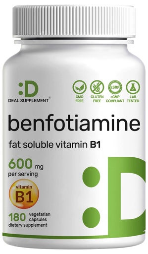 [BRSRMBIBOZ5AE2TH] Benfotiamine 600mg Per Serving, 180 Veggie Capsules (300mg Per Cap) – Fat Soluble Vitamin B1 Thiamine Supplement – 3rd Party Tested, Vegan, Non-GMO, Gluten Free