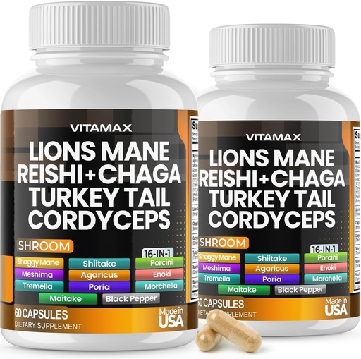 [BRSROBQHOEFWYD3V] Vitamax Lions Mane Mushroom, Turkey Tail, Chaga & Reishi, Cordyceps Shiitake White Elm King Trumpet Nameko Oyster Porcini Focus & Energy - Made in USA