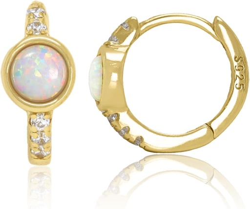 [BRSROGI7OJYRMCD2] 14K Gold Plated 925 Sterling Silver Created White Opal Huggie Hoop Earrings