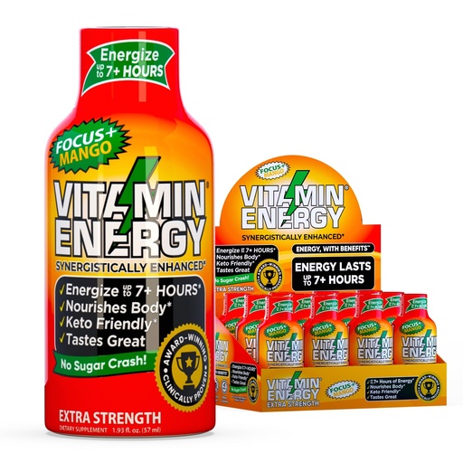 [BRSRAGL6CQIR42D4] Vitamin Energy Focus+ Extra Strength Energy Shot Mango 12 Pack, 260mg Natural Caffeine, B-Vitamins, CoQ10, Amino Acids, Focus, Productivity & Clarity, Zero Sugar, Gluten-Free, 1.93 fl oz