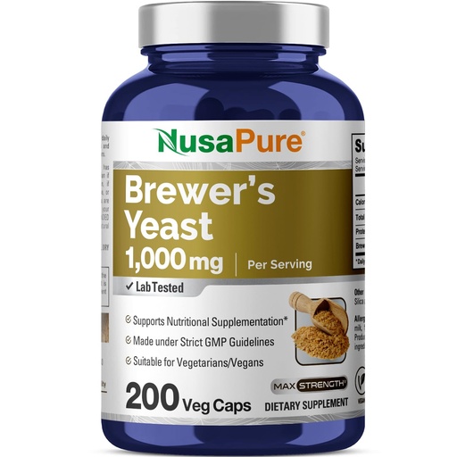 [BRSWGGQYCMOWC2Y4] NusaPure Brewer’s Yeast - Suitable for Vegetarian/Vegan, Non - GMO - 1000mg 200 Capsules