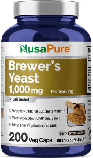 [BRSWGGQYCMOWC2Y4] NusaPure Brewers Yeast 1000mg 200 Vegetarian Caps (Non-GMO, Vegan)