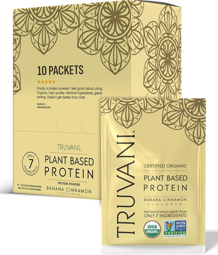 [BRSWYBDRPMGWY2TD] Truvani Vegan Pea Protein Powder | Banana Cinnamon | 20g Organic Plant Based Protein | Single Serving Travel Packets | 10 Servings | Keto | Gluten & Dairy Free | Low Carb | No Added Sugar