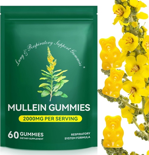 [BRSRAAY7OAJR4ETD] Mullein Gummies for Lung Detox, 2000mg Mullein Leaf ekstrakts elpošanas un gremošanas un imūno atbalstu, Organic Mullein Herb papildinājums Mucus Relief for Respiratorās, Imūnās, Vegan 60 Gummies