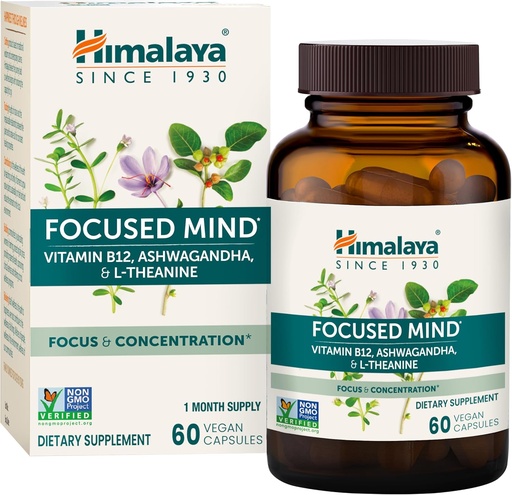 [BRSROAL5CEPRSCI2] Himalaya Focused Mind з Ashwagandha, Bacopa & L-Theanine для фокусу, енергії та уваги, 60 капсули, 1 місяць постачання, Vegan, клейковини безкоштовно