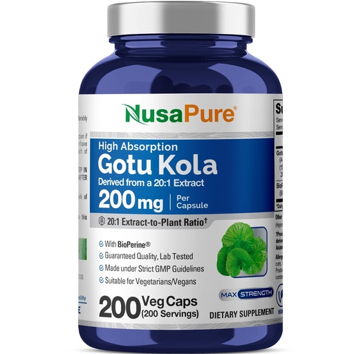 [BRSROFQDBENR62DB] NusaPure Gotu Kola Capsules, 200 mg, 200 Veg Capsules (Non-GMO, Vegan)