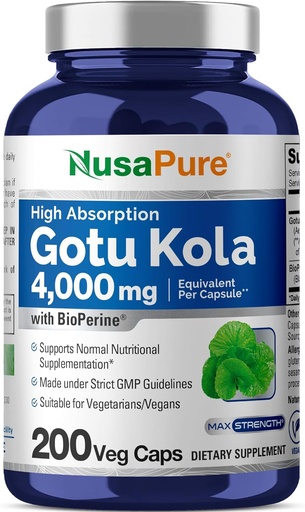 [BRSROFQDBENR62DB] NusaPure Gotu Kola Kapseln 20:1 Extrakt, 200 mg Äquivalent zu 4000mg Pro Veggie Caps, 200 Graf, Non-GMO, Vegan, Bioperine - Traditionelle Kräuterextrakt