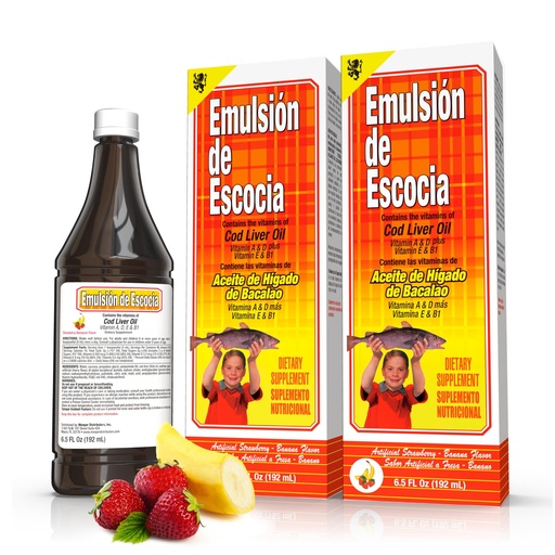 [BRSWYGIBCQFGE33A] Emulsión de Escocia Cod Liver Oil Liquid Supplement with Vitamins A, D, E & B1 - Natural Fish Oil Omega 3 for Kids & Adults - Delicious Strawberry Banana Flavor - 6.5 oz (2-Pack)