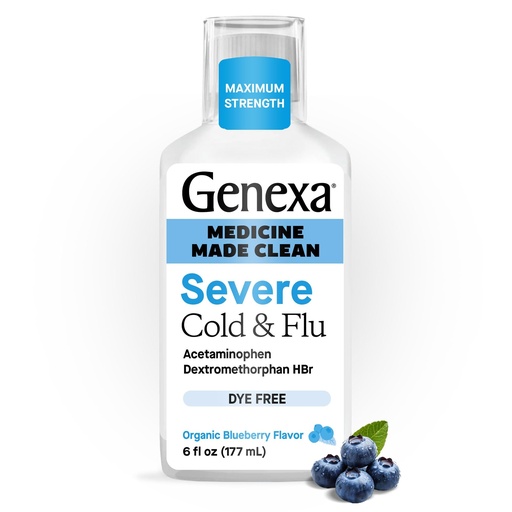 [BRSRMALQBUJRQCL5] Genexa Clean Cold & Flu Relief, Dye Free, 0% Artificial Additives, Severe Daytime Medicine for Body Pain, Cough, Cold and Flu, Headache, Fever, Chest Congestion, Organic Blueberry Flavor, 6 fl oz