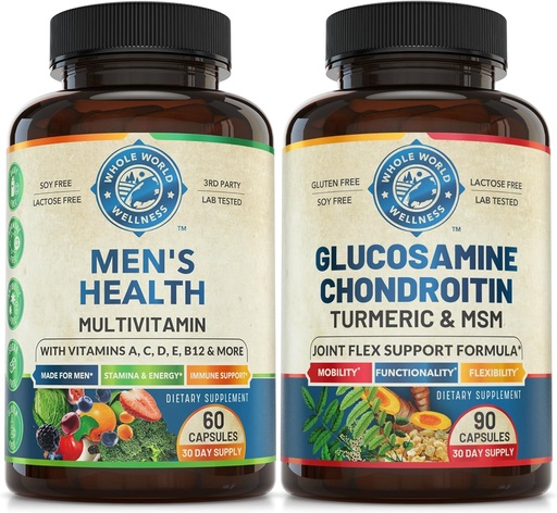 [BRSROCYQDN6BGCD5] Mens Daily Multivitamins & Advanced Joint Support Bundle (One Bottle Each). Collectively Supports Holistic Wellness, Boosted Energy, and Joint Health. USA Made.