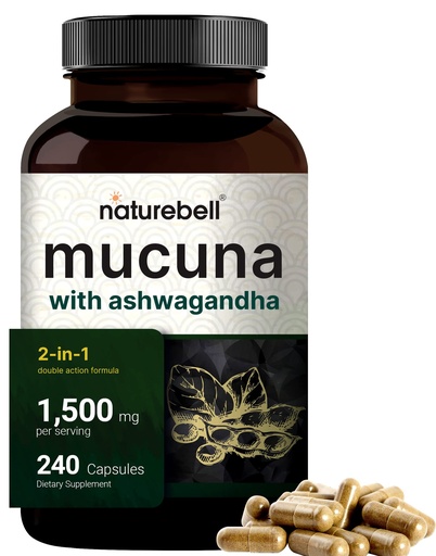 [BRSWGGL7DF4G23DG] Mucuna Pruriens Capsules, Triple Strength 1500mg Per Serving, 2 in 1 Formula, Made with Mucuna and Ashwagandha, 240 Capsules, Potent Seed Extract, Positive Mood, Relaxation & Restoration Support