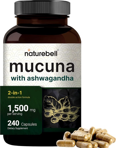 [BRSWGGL7DF4G23DG] Mucuna Pruriens kapselit, kolminkertainen vahvuus 1500 mg per tarjoilu, 2 in 1 Formula, Valmistettu Mucuna ja Ashwagandha, 240 kapselia, Potent Seed Extract, Potentiaalinen mieliala, Rentoutus- ja korjaustuki