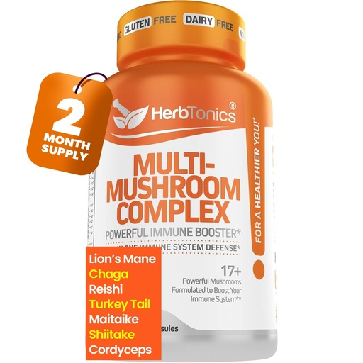 [BRSWGHYRO4OQODT6] Herbtonics All-in-One Mushroom Supplement for Immune System Support | Nootropic Brain Support Supplement with Lion's Mane, Cordyceps, Reishi | Powerful Mushroom Complex | 120 Vegan Capsules