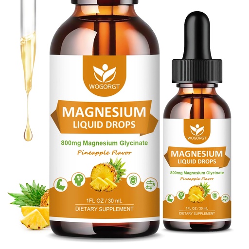 [BRSROBI7O57GK3AU] Magnesium Glycinate Liquid Drops with Citrate & Taurate - Cognition, Muscle & Focus, Liquid Magnesium Complex Supplement with Vitamin D3, GABA, L-theanine, Pineapple Flavor - 1 Fl Oz (2 Pack)