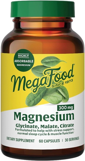 [BRSWYYYPDMHRYFLH] MegaFood Magnesium Glycinate, Citrate, Malate 300mg Supplement - Висока абсорбована суміш для підтримки серця, здоров'я та релаксації, потрійна магнію комплексна добавка, 60 капсули (30 сервірування)