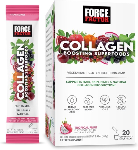 [BRSROYIEBV5BUHTP] Force Factor Collagen Boosting Superfoods with Biotin, Hyaluronic Acid, Bamboo, and Hair, Skin, and Nails Vitamins, Nail Strengthener and Skin Supplement, Tropical Fruit Flavor, 20 Stick Packs