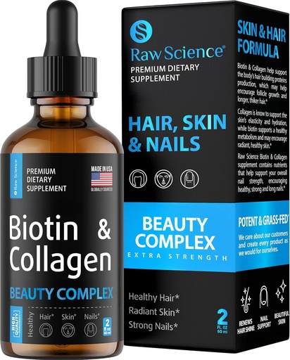 [BRSRMFLRCR4BY2DL] Liquid Collagen & Biotin Supplements for Hair Growth - Biotin 10000mcg Collagen Peptides 20000mcg Drops - Hair Vitamins for Hair Loss for Women & Men, Skin and Nail Strengthener - Made in USA, 2 floz