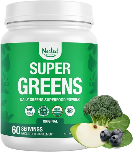 [BRSRMEADPIAWOCDD] Nested Naturals Super Greens Daily Superfood Powder - Certified USDA Organic Green Powder w/20+ Whole Foods, Spirulina Powder, White & Barlin Grass - Probiotics, Fiber & Enzymes - Original Flavor, 60