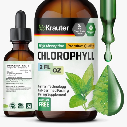 [BRSWYAYKAAIBOCLB] BIO KRAUTER Liquid Chlorophyll Drops - Cleanse & Immune Support - Internal Deodorant - Sodium Copper Chlorophyllin Extract Supplement - 2 fl oz