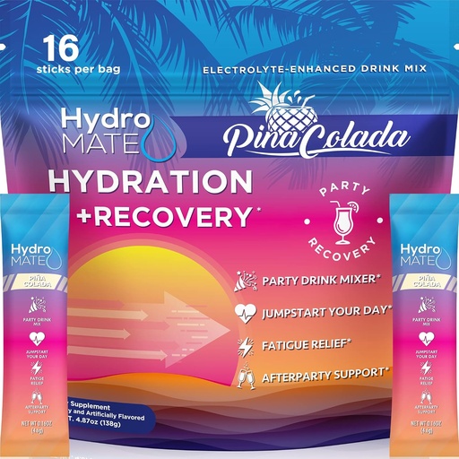 [BRSRMCYCC4CRAGQ4] HydroMATE Electrolytes Powder Packets Pineapple Hydration Accelerator Low Sugar Party Favors for Recovery Tropical Piña Colada 16 Sticks