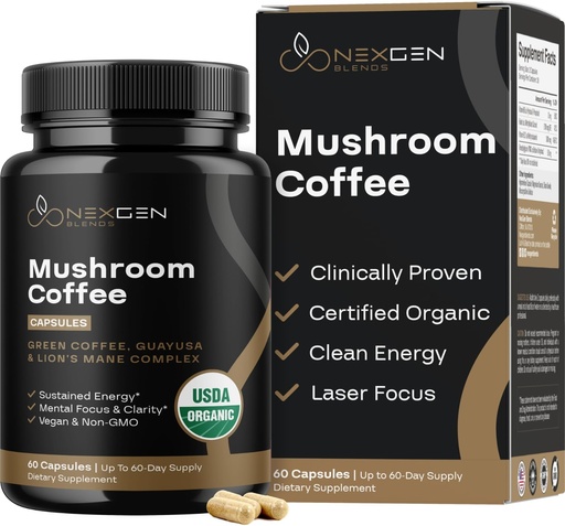 [BRSRAFT6DMPAGCIY] 100% Organic Mushroom Coffee Capsules - Natural Energy Supplement with 130mg Caffeine from Clinically Proven Patented Green Coffee Bean & Guayusa Extracts for Jitter-Free Energy & Focus (60 Servings)