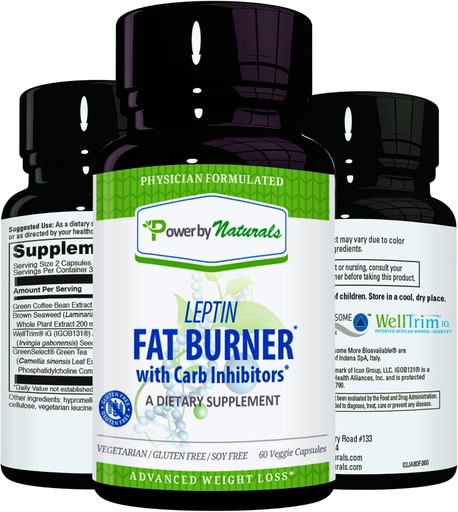 [BRSWGFQZCQBB423F] Power By Naturals: Leptin Fat Burner with Carb Blocker - 60 Gluten-Free Capsules, Leptin Weight Loss Diet Pills, Efficient Fat Burner, Appetite Suppressant