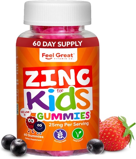 [BRSROZY2PN6AY3D6] Feel Great Zinc Gummies for Kids | Bolster Your Child's Immune System with Yummy Kids Vitamins | Great Tasting Natural Flavor Gummy Supplement Vitamins | 60 Gummies
