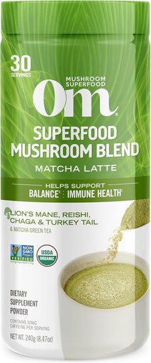 [BRSW2FLQBMFQGCD7] Om Mushroom Superfood Matcha Latte Blend - Žalioji arbata grybų milteliai su Lion 's Mane, Reishi, Chaga & Turkey Tail - Focus, Calm & Stress Support - 8.47 oz Canister (30 Servings)