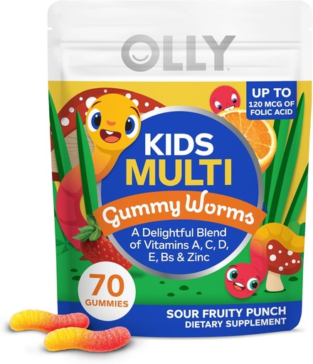 [BRSWYZIOBAMBYHT5] OLLY Kids Multivitamin Gummy Worms, Общая поддержка здоровья и иммунитета, витамины и минералы A, C, D, E, Bs и цинк, Жевательная добавка, кислый фруктовый пунш, 45-дневный запас - 70 граф