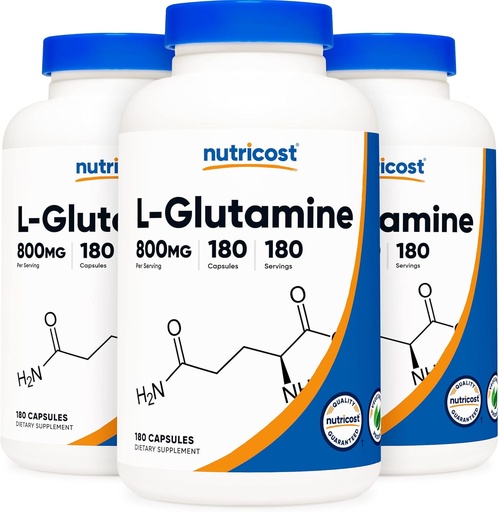 [BRSWKFQKBANBWHD6] Nutricost L-Glutamine 800mg, 180 Capsules (3 Bottles)